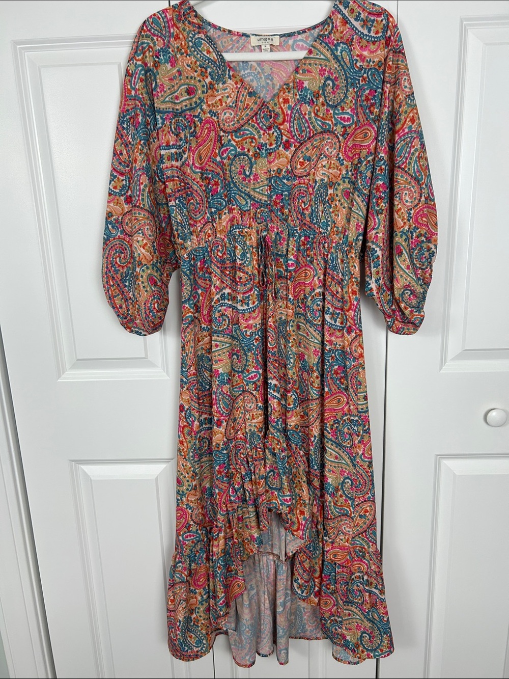 Umgee Boho Paisley V-Neck Midi Dress in Multicolor Size Medium